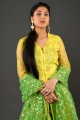 Net Salwar Kameez imprimé feuille jaune terne