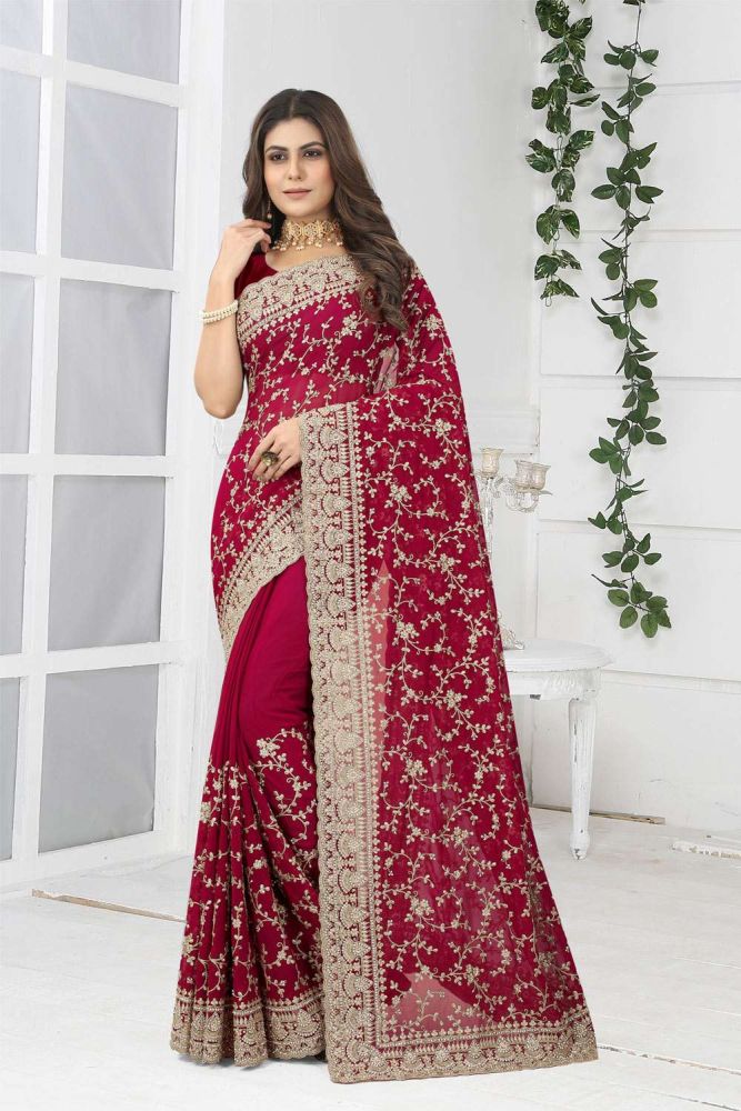 Georgette brodé cerise party wear saris avec chemisier