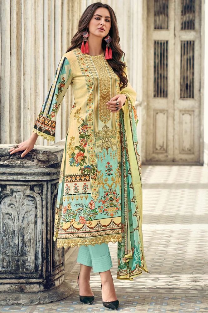 salwar kameez en coton a impression numerique creme avec dupatta