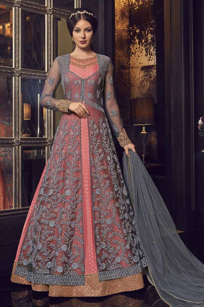 robe rose veste couleur gris robe jacquard Chanderi jacekt net costume Anarkali en ligne costume designer Anarkali avec echarpe grise en France