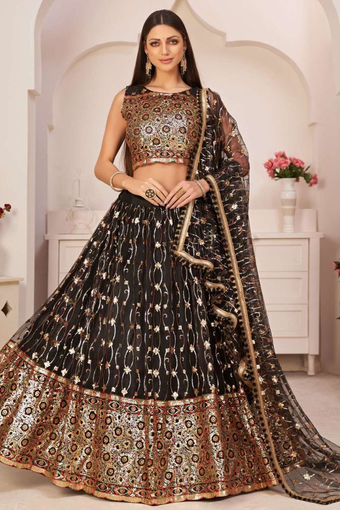Noir Mono Net Lehenga Choli avec fil de coton Jari Travaux de broderie de la sequence