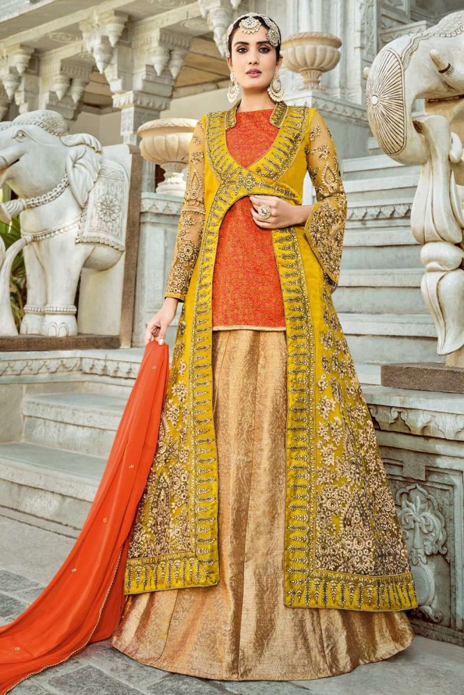 moutarde orange eid anarkali costume en ligne designer soie eid anarkali suit avec orange dupatta as3066