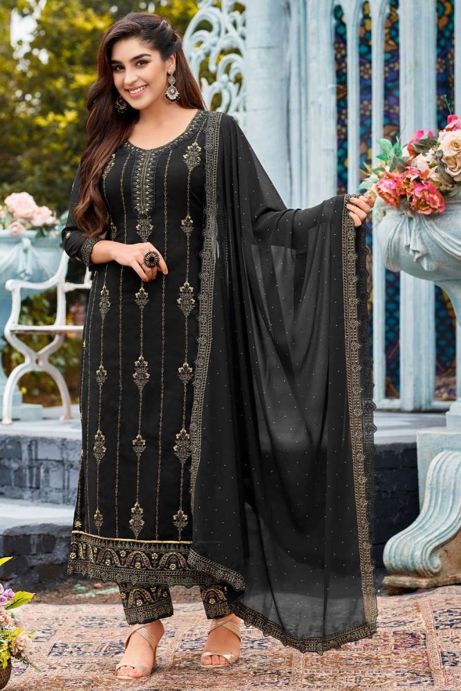 aid noir salwar kameez en fausse georgette brodee
