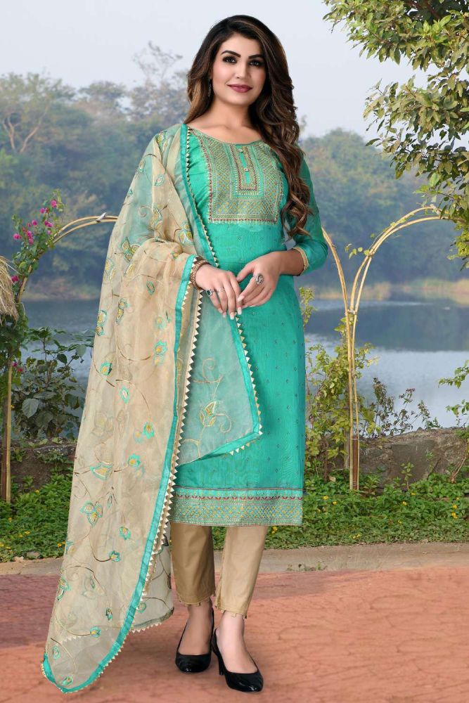 salwar kameez vert mer en coton brode