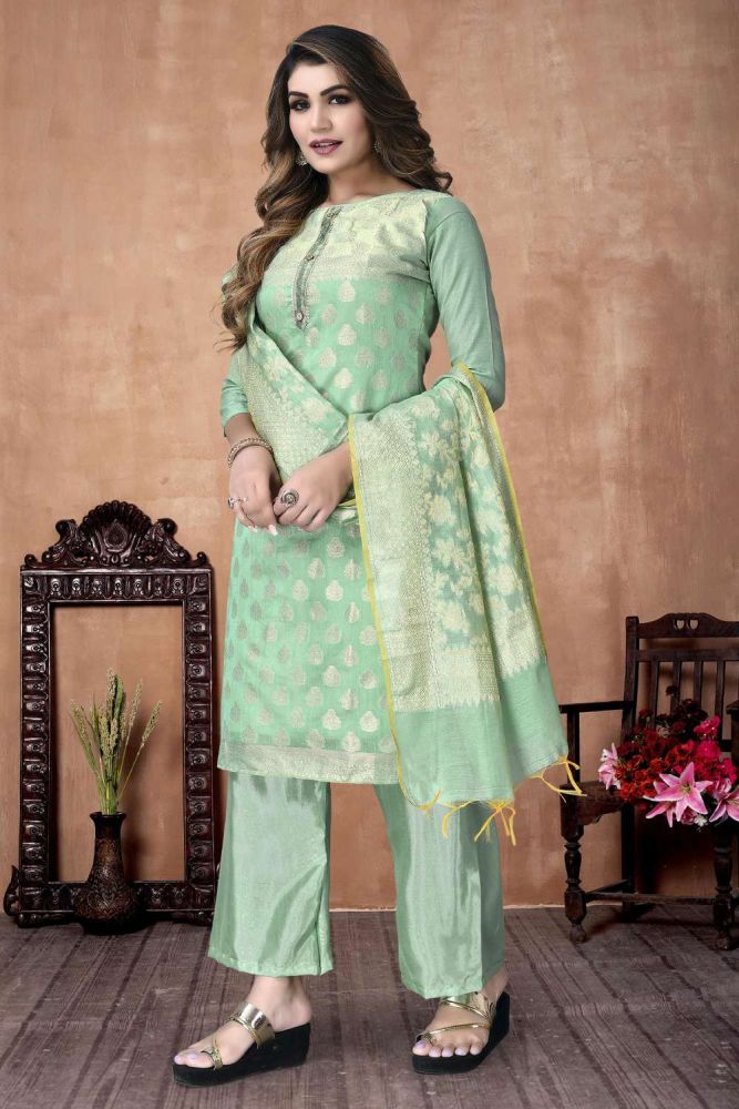 salwar kameez vert d eau en soie banarasi avec tissage