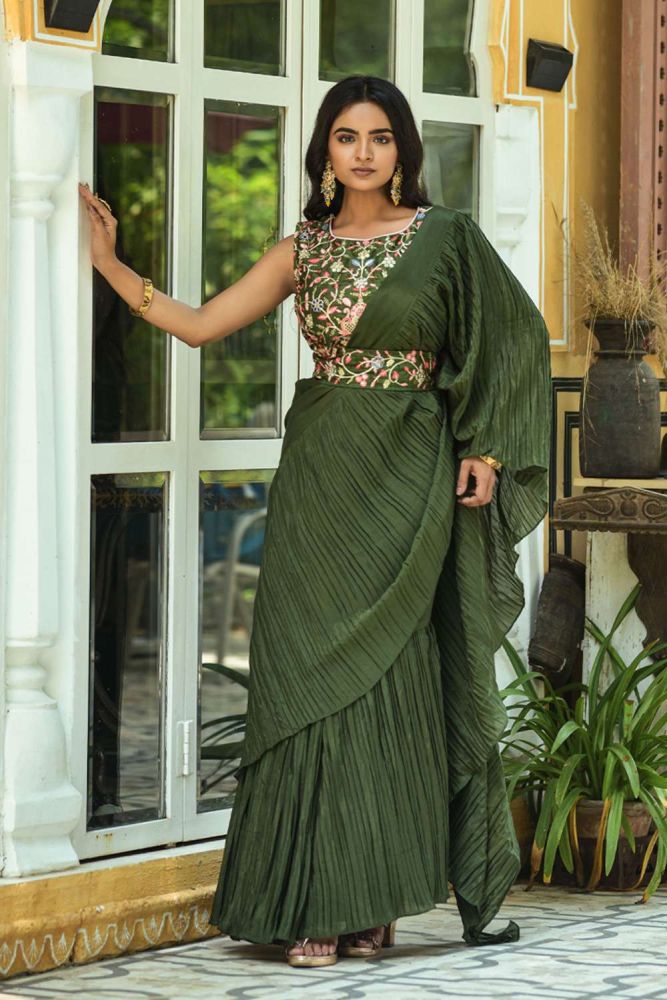 Green Party Wear Saree en ligne sari de soie d art de designer avec blouse Georgette chez Shopkund SR23293