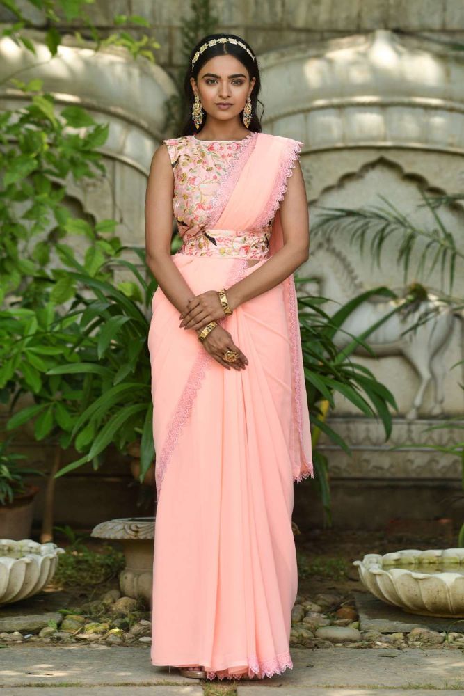 Peach Party Wear Saree Online Saris de soie de createur Banglori avec blouse Georgette chez Shopkund SR23301