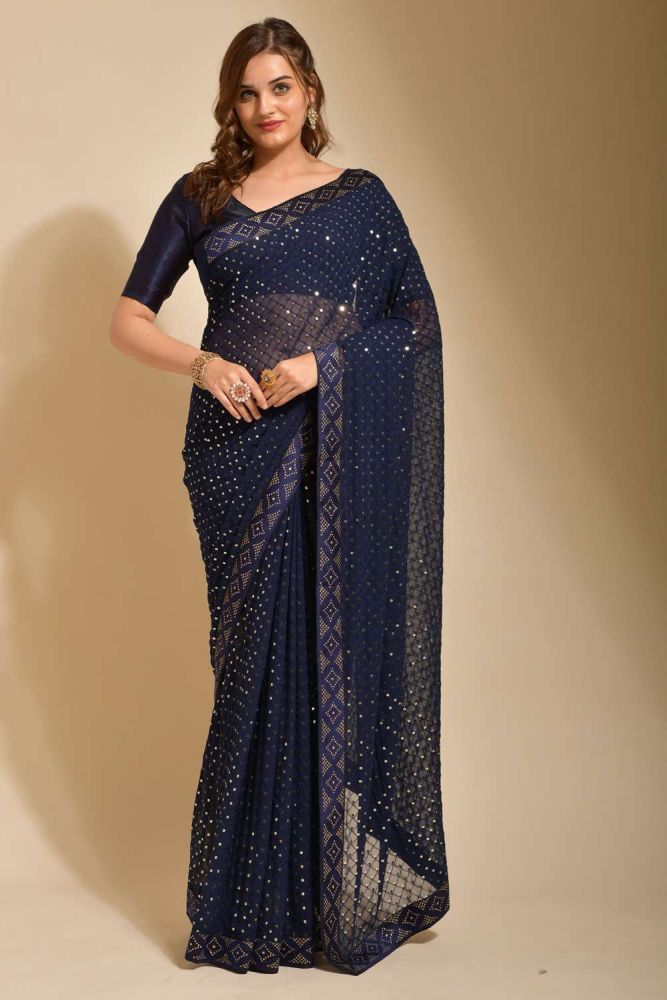 Blue Party Wear Saree en ligne Saree en soie de createur Banglori avec blouse Georgette chez Shopkund SR23584