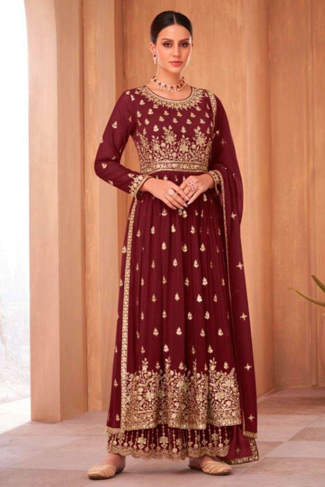 Maroon Pakistani Suit Online Designer Georgette Pakistani Suit with Maroon Dupatta PZ3592