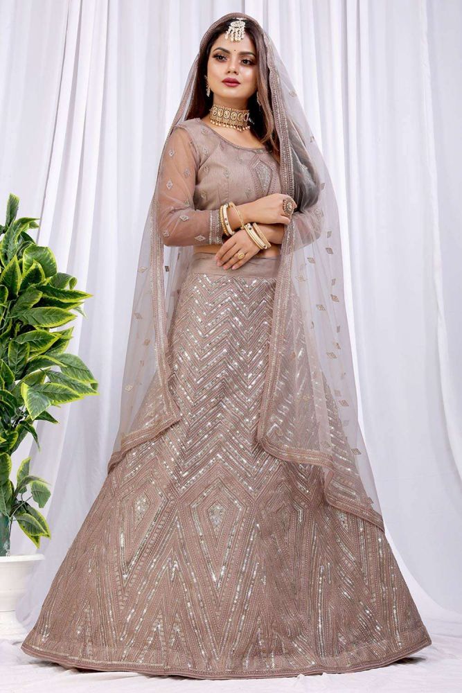 filet marron brode lehenga choli avec dupatta