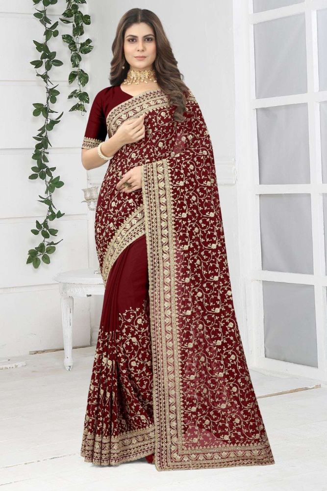 maroon wedding sari online designer georgette sari with georgette blouse at shopkund sr25058