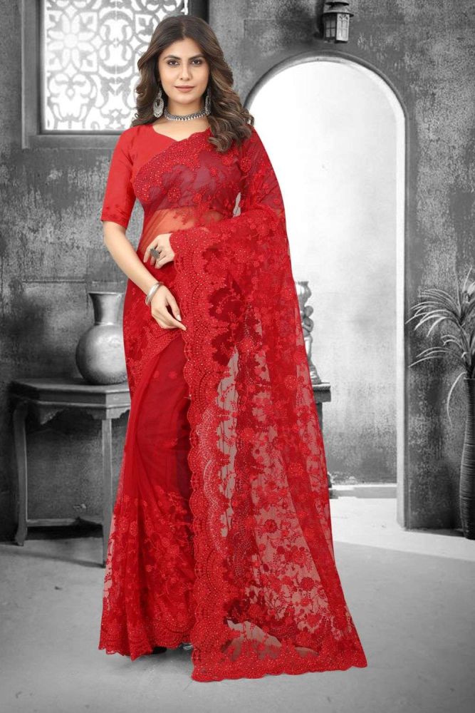 sari de mariage rouge brode en filet avec chemisier