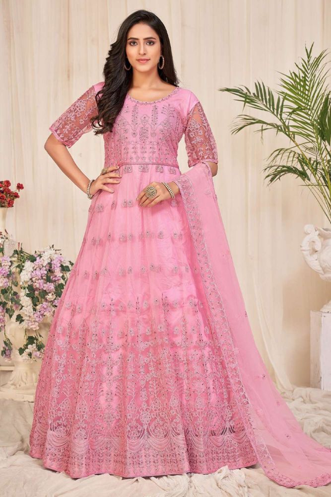Costume Rose Clair Eid Anarkali en ligne Costume Designer Net Eid Anarkali avec Dupatta Rose Clair AS3473