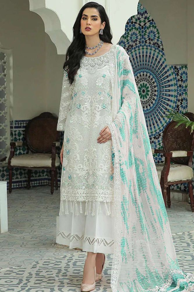 white eid anarkali suit online designer georgette eid anarkali suit with green dupatta pz3529