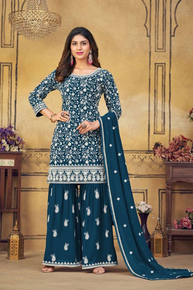 aqua blue eid sharara suit online designer georgette eid sharara suit with aqua blue dupatta ss1048