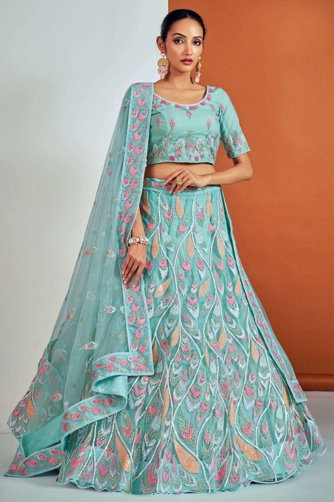turquoise lehenga choli online designer soft net lehenga choli with turquoise dupatta lc6855