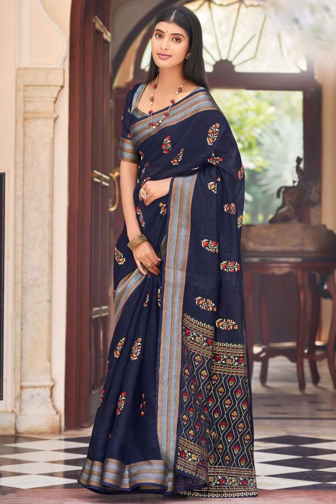 sari bleu marine en ligne sari chanderi designer avec chemisier chanderi chez shopkund sr21122
